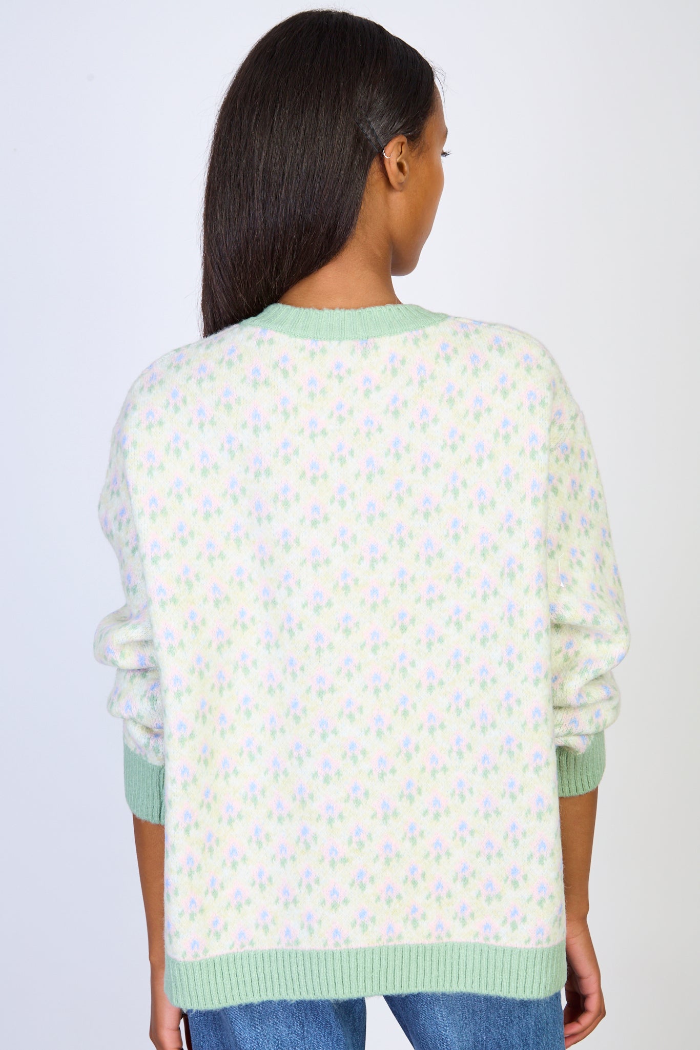 Sage green trim intarsia floral cardigan_2