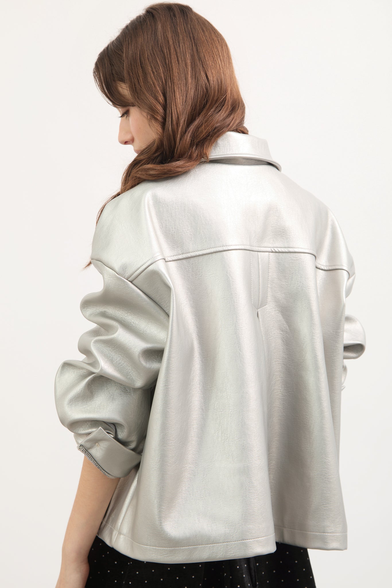 Silver vegan leather button up short jacket_3