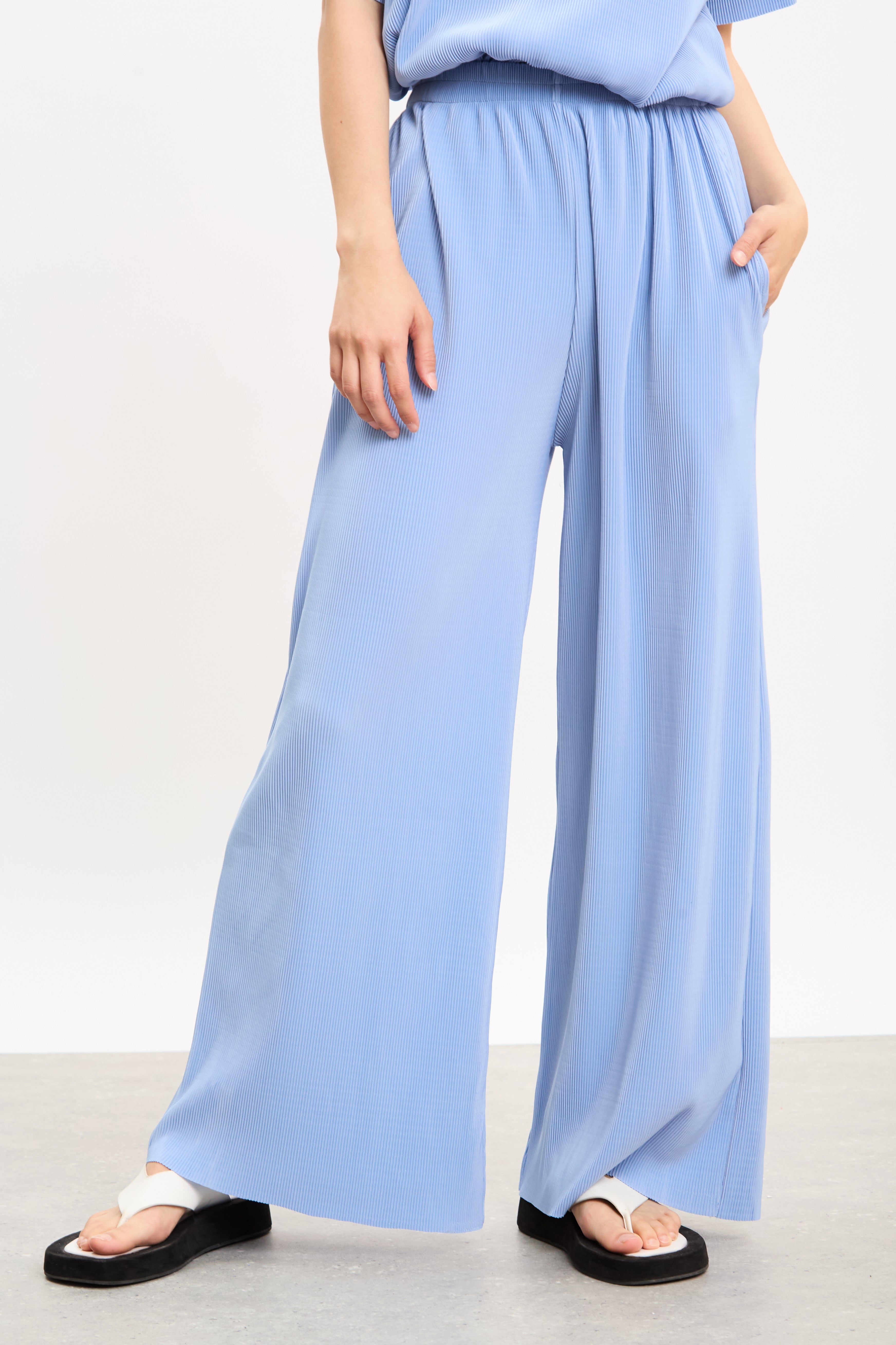 Sky blue ribbed wide leg trousers_1