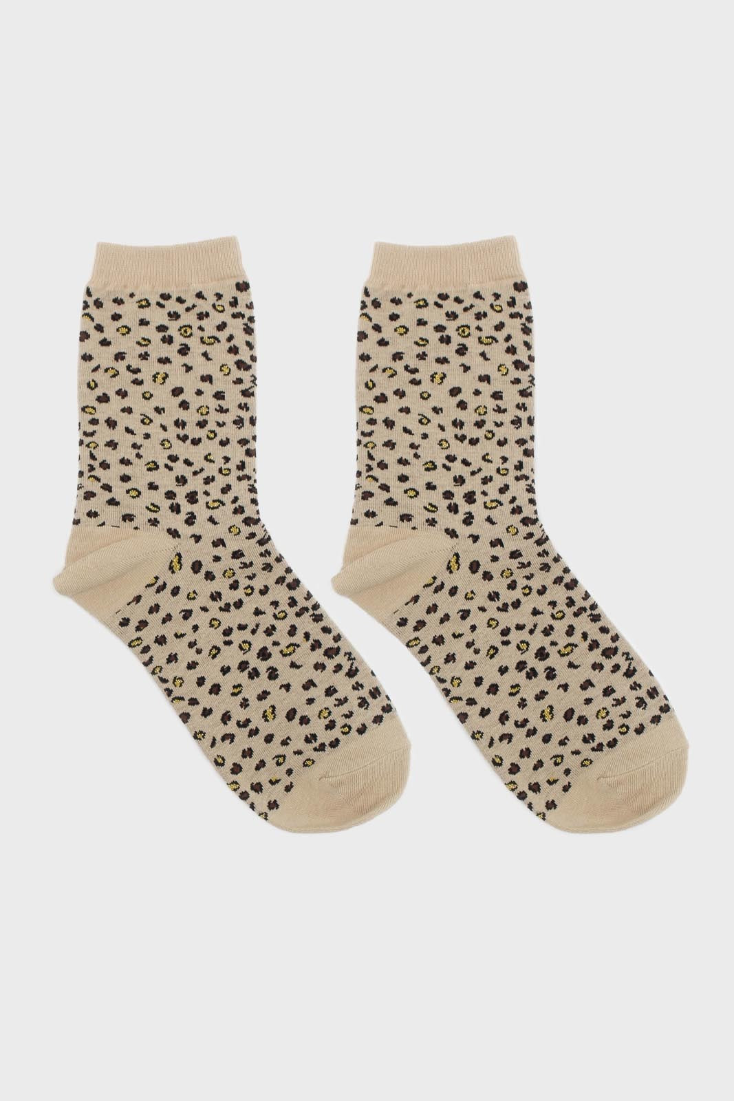 Beige and black metallic leopard print socks_4