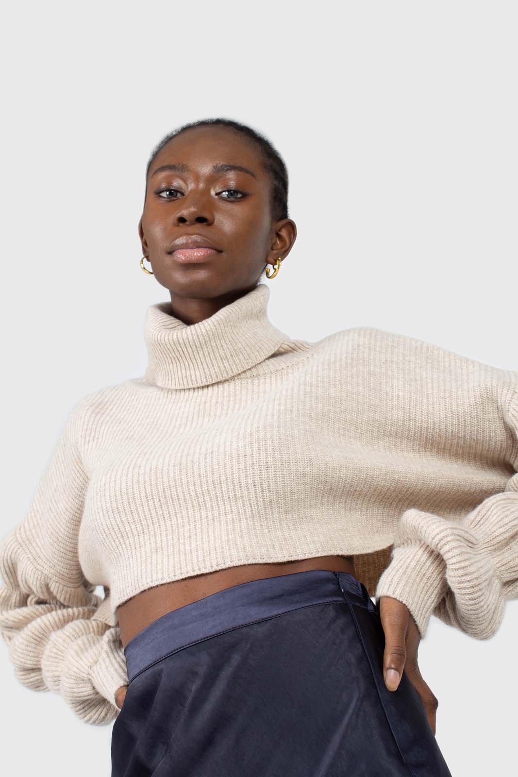 Beige balloon sleeved cropped wool blend turtleneck top_10
