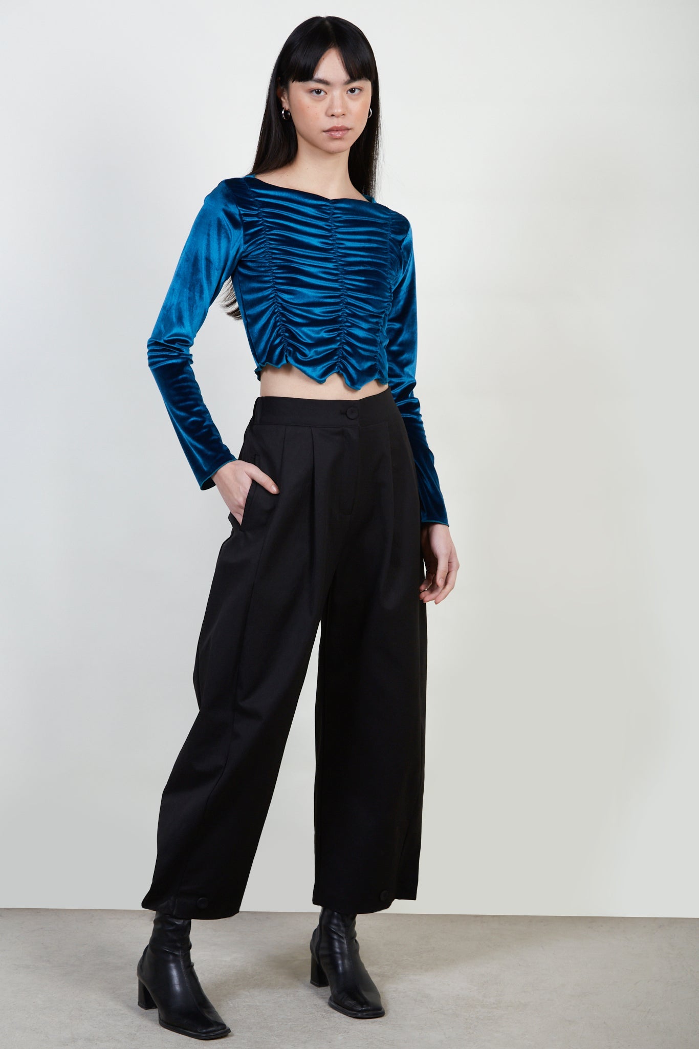 Teal velvet shirring long sleeve top_2