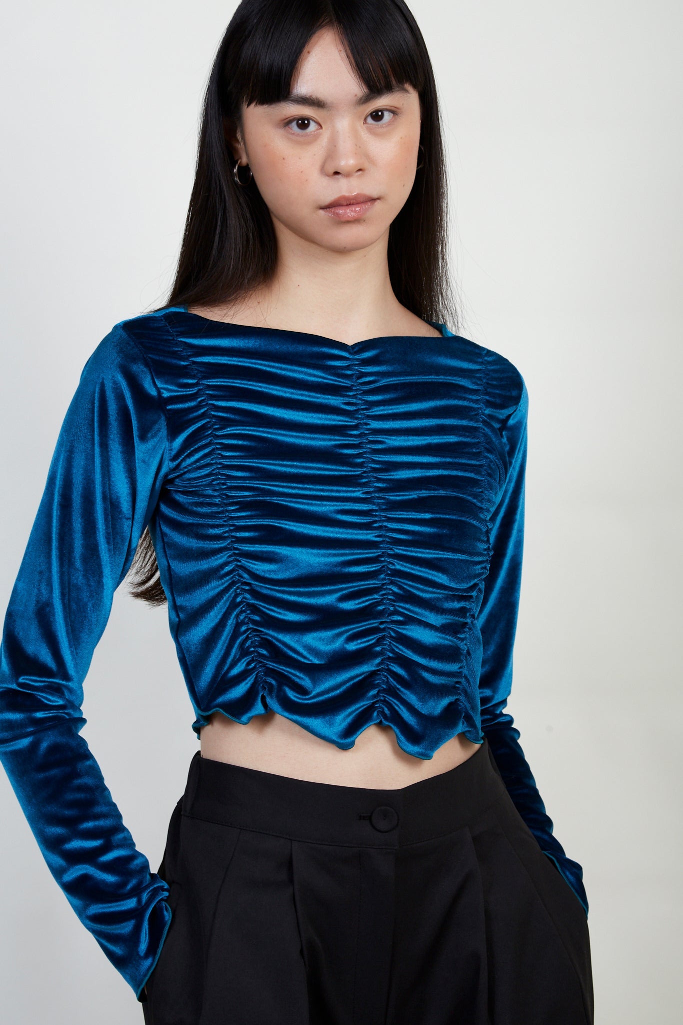 Teal velvet shirring long sleeve top_1