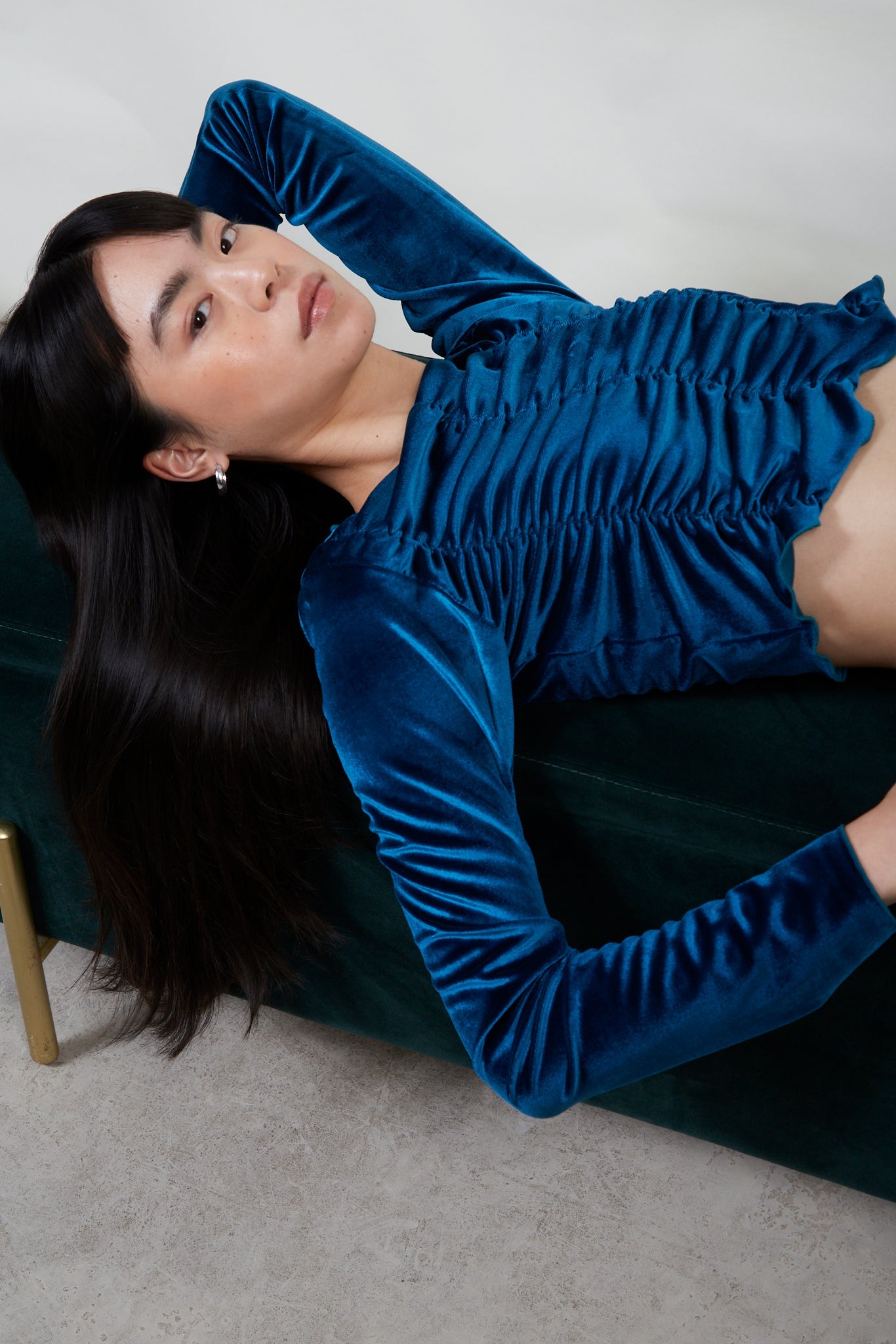 Teal velvet shirring long sleeve top_5