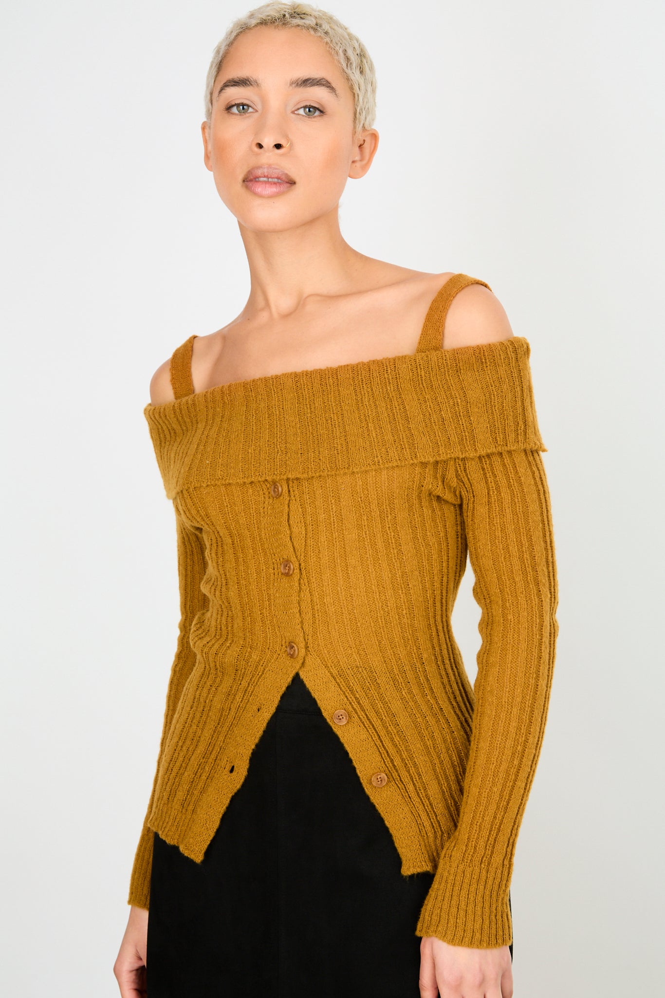 Warm brown mix rib strapped off shoulder knit top_1