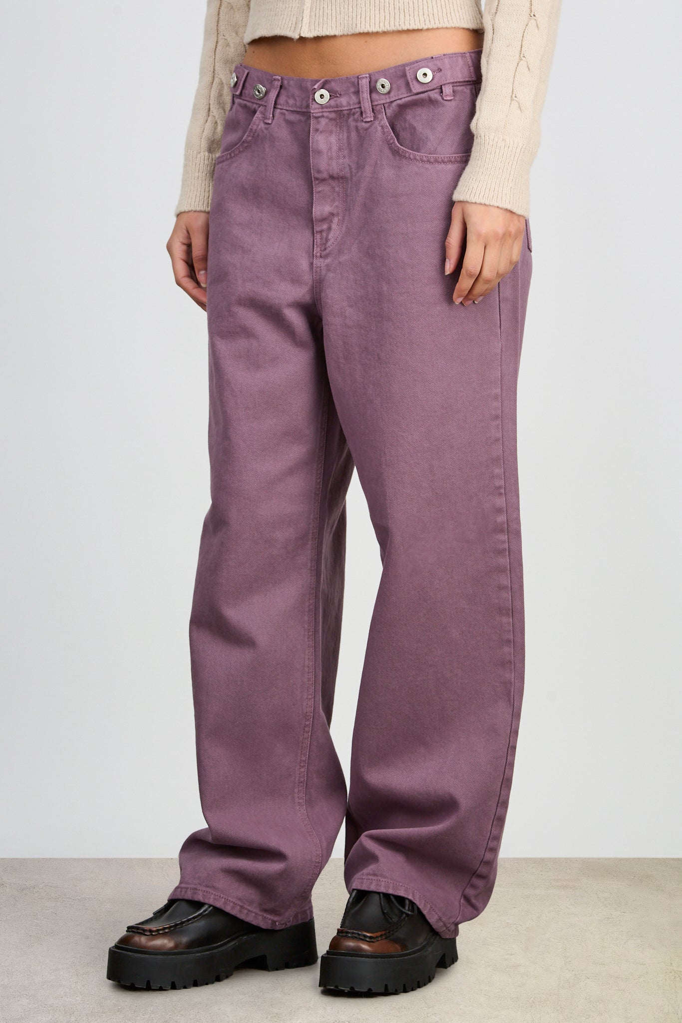Washed purple adjustable waist double button jeans_1