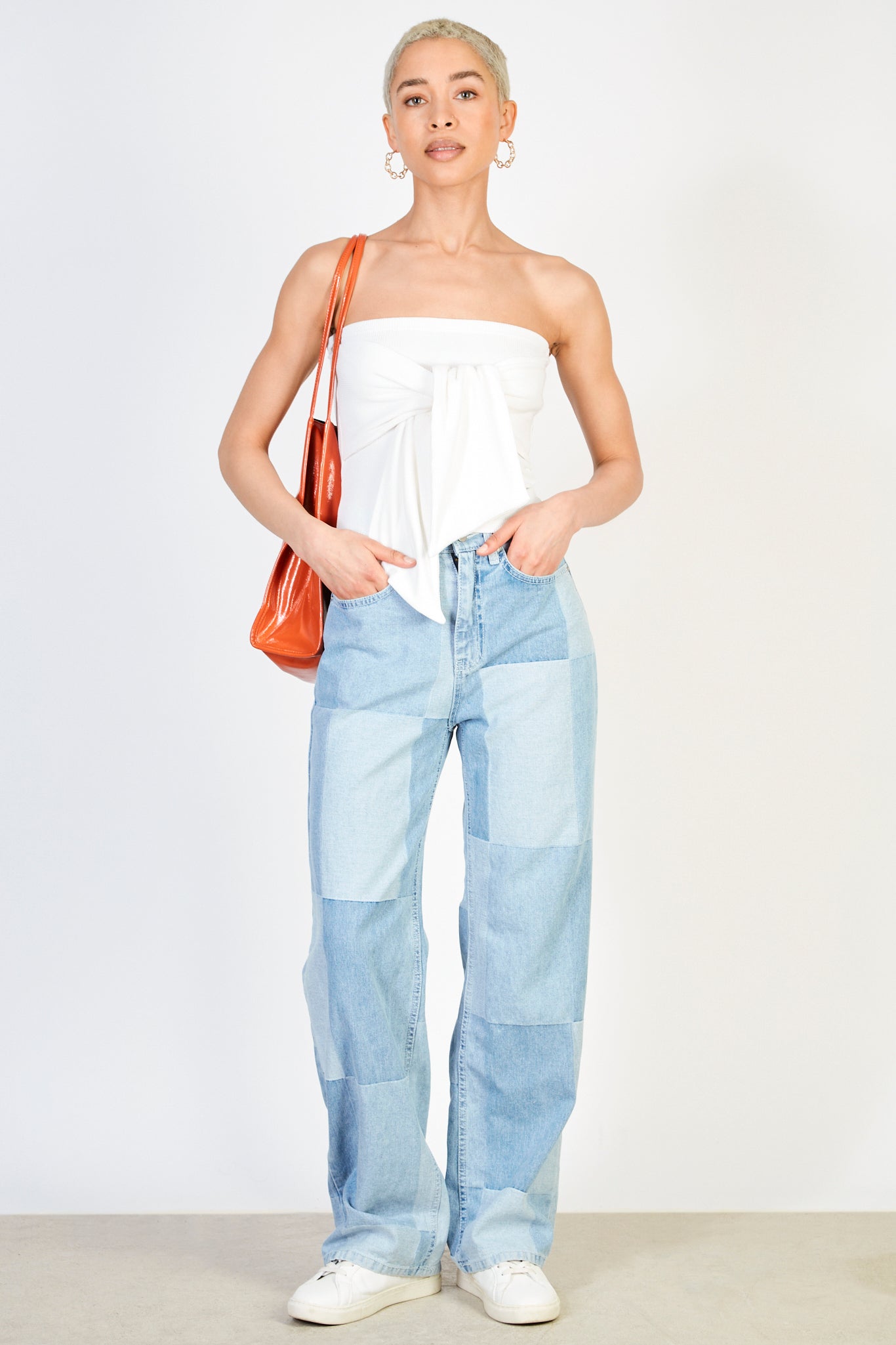 White and black horiztonal strip tie front strapless top_4