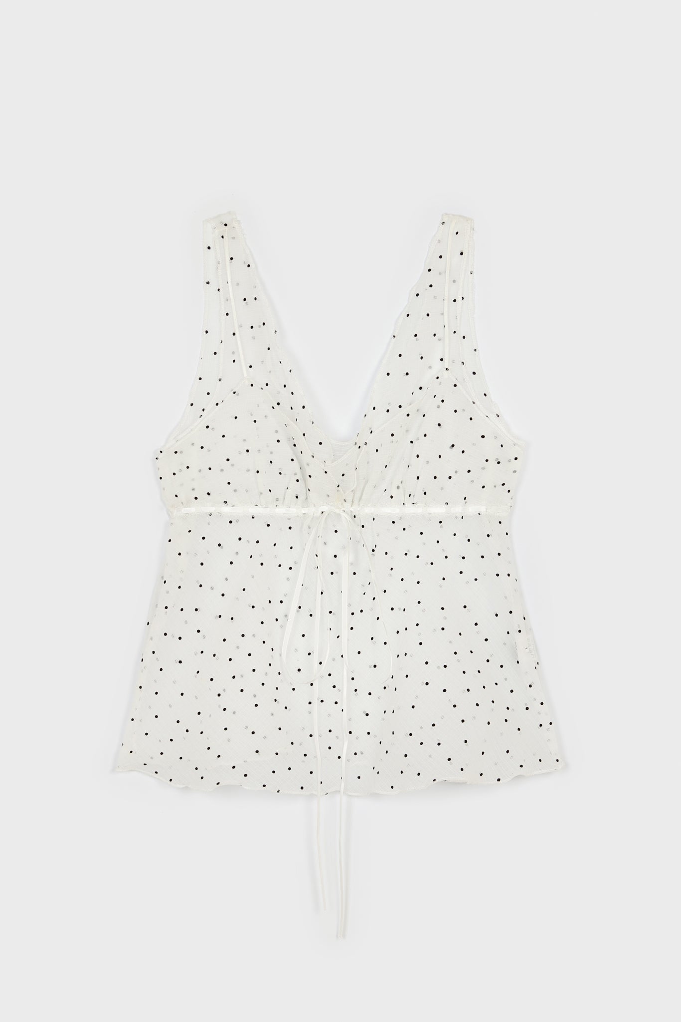 White and black polka dot semi sheer ribbon trim tank top_1