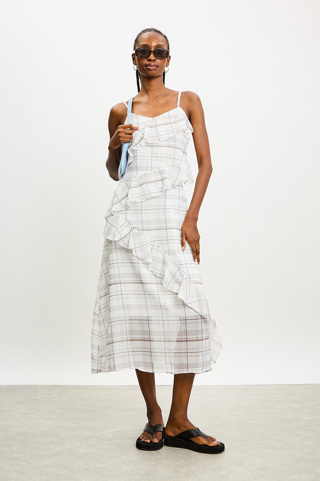 White and grey plaid cross ruffle midi dress_1