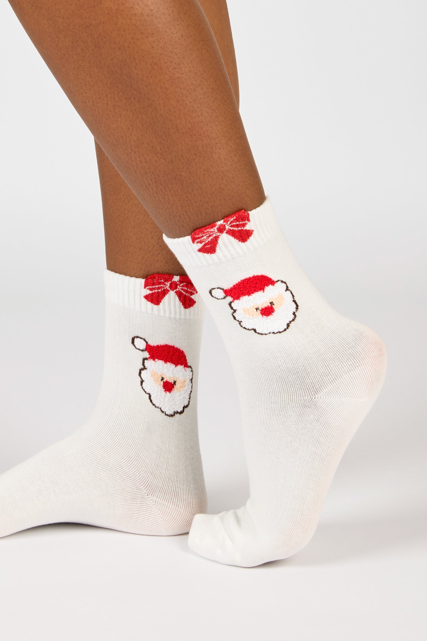 White and red bow trim Santa Clause socks_3