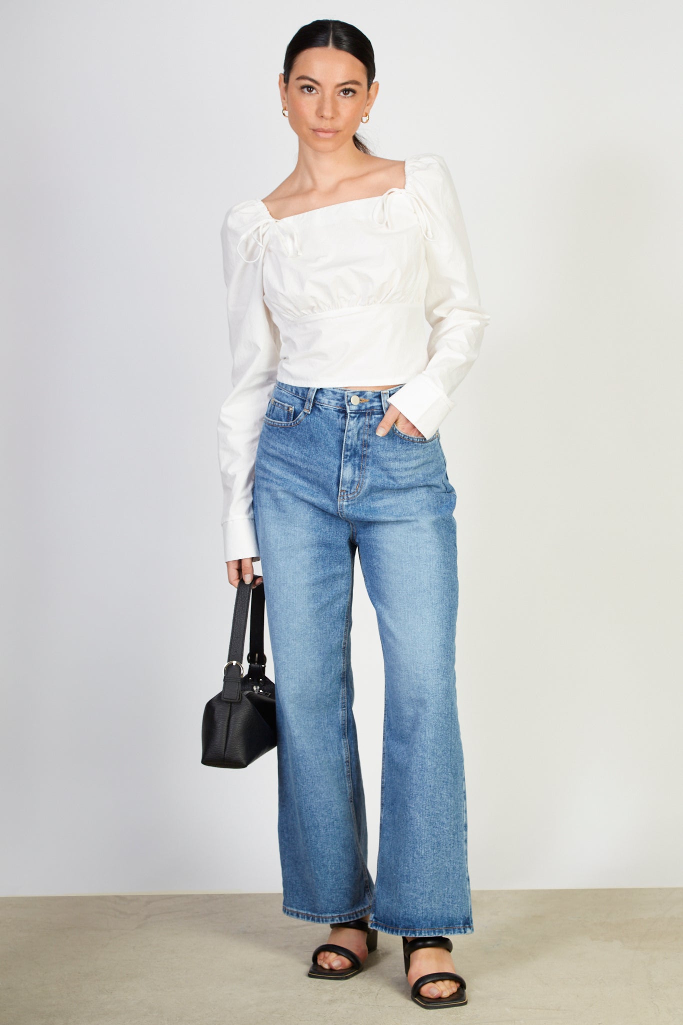 White double bow front sleeve fitted bodice blouse_4