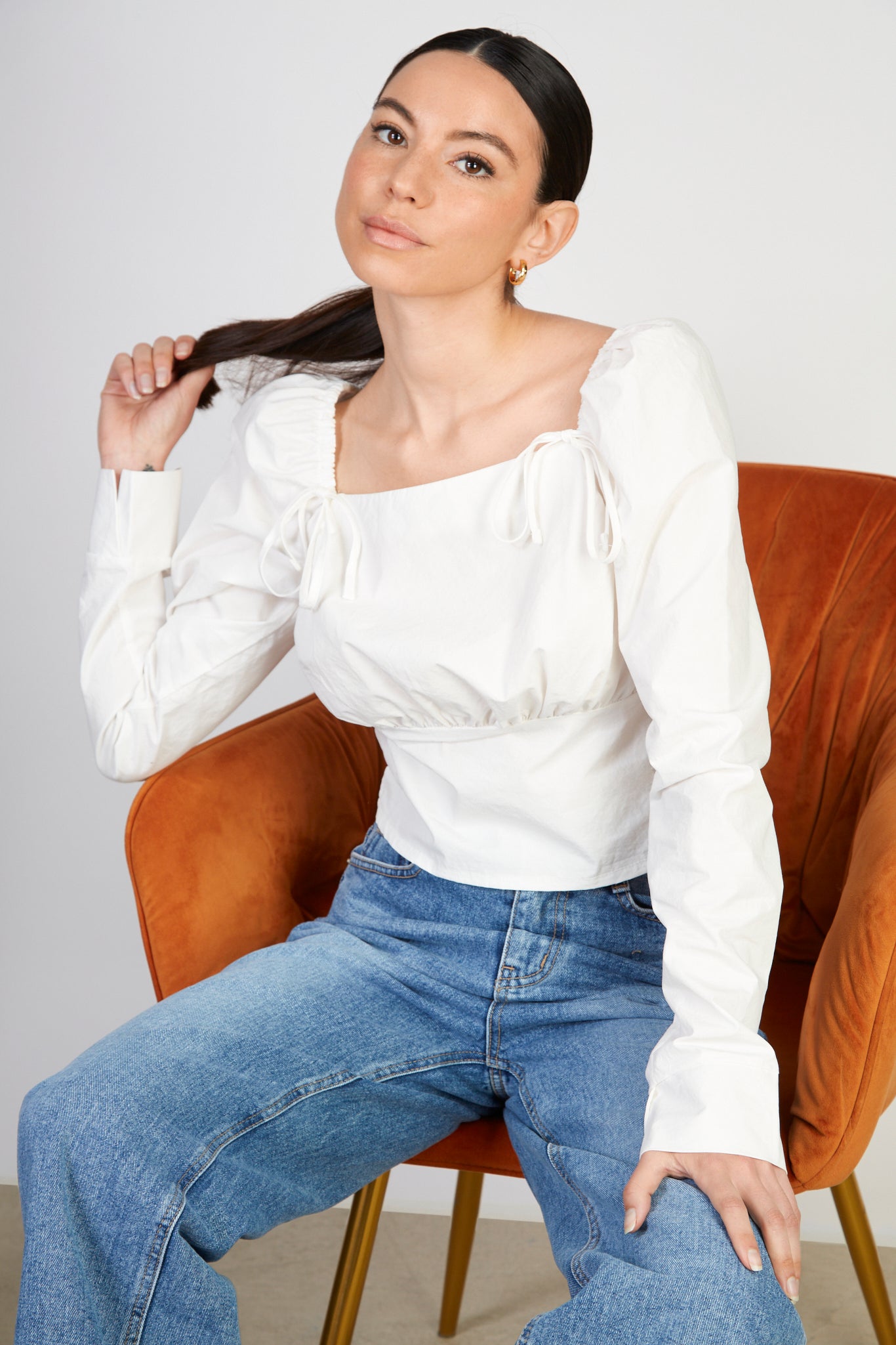 White double bow front sleeve fitted bodice blouse_5