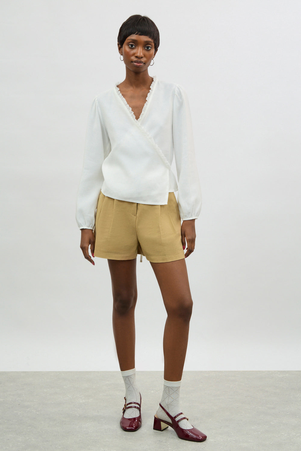 White frill trim wrap shirt blouse_4