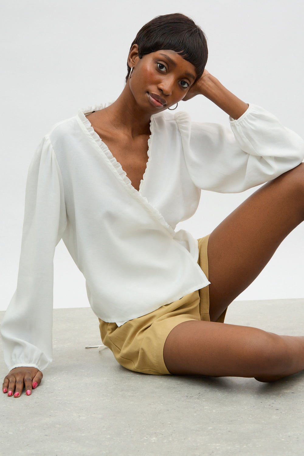 White frill trim wrap shirt blouse_5