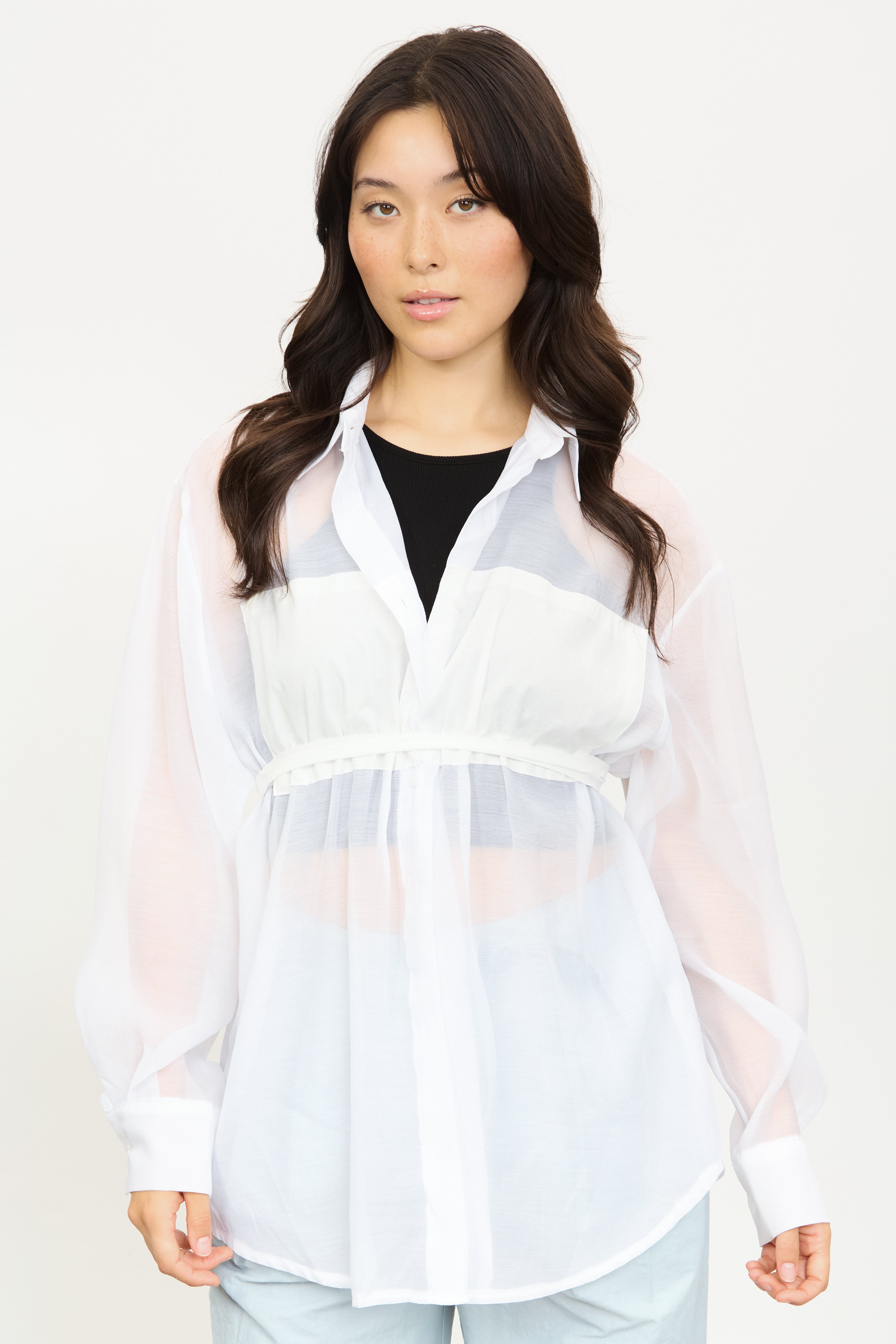 White semi sheer panel front shirt_2