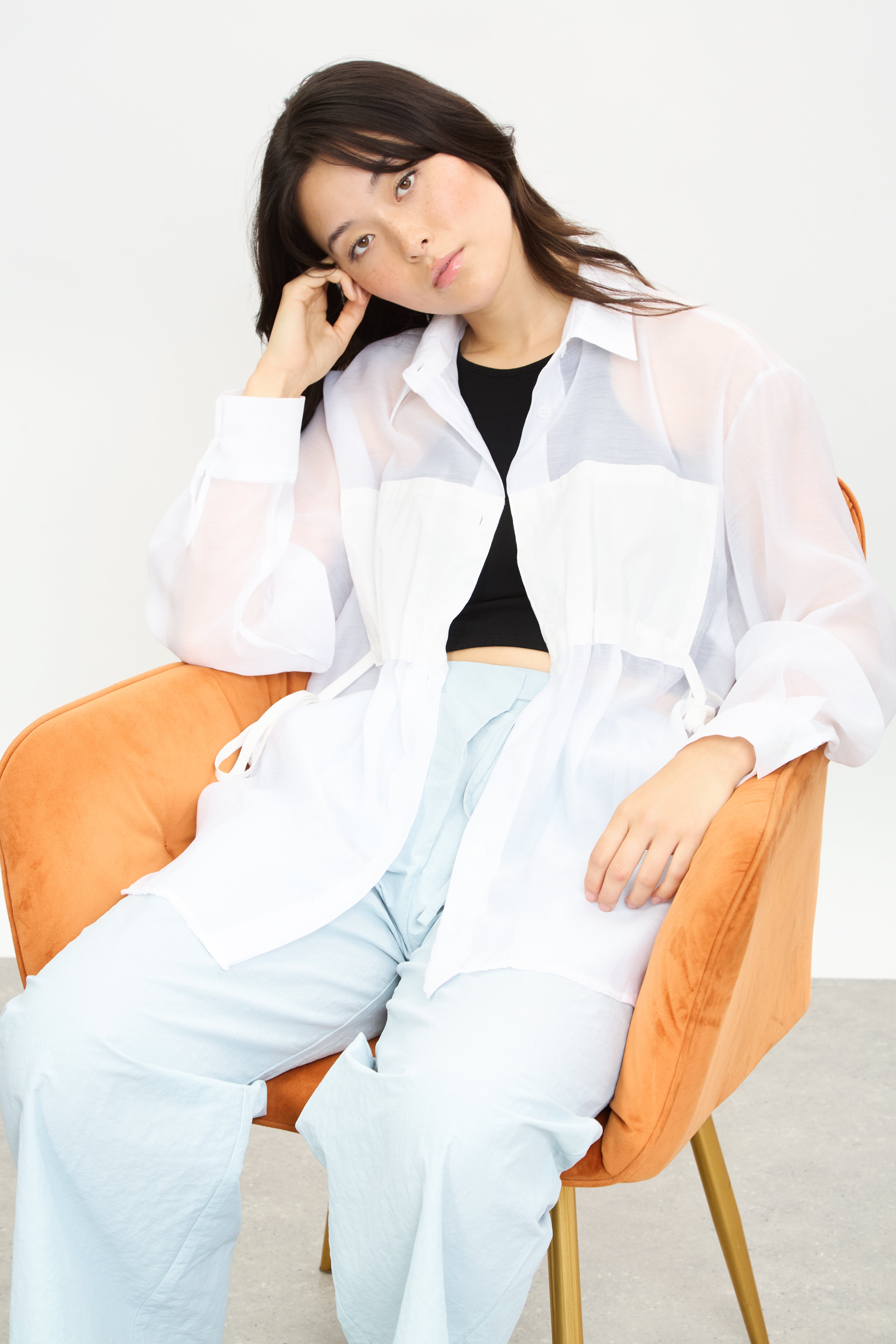 White semi sheer panel front shirt_6