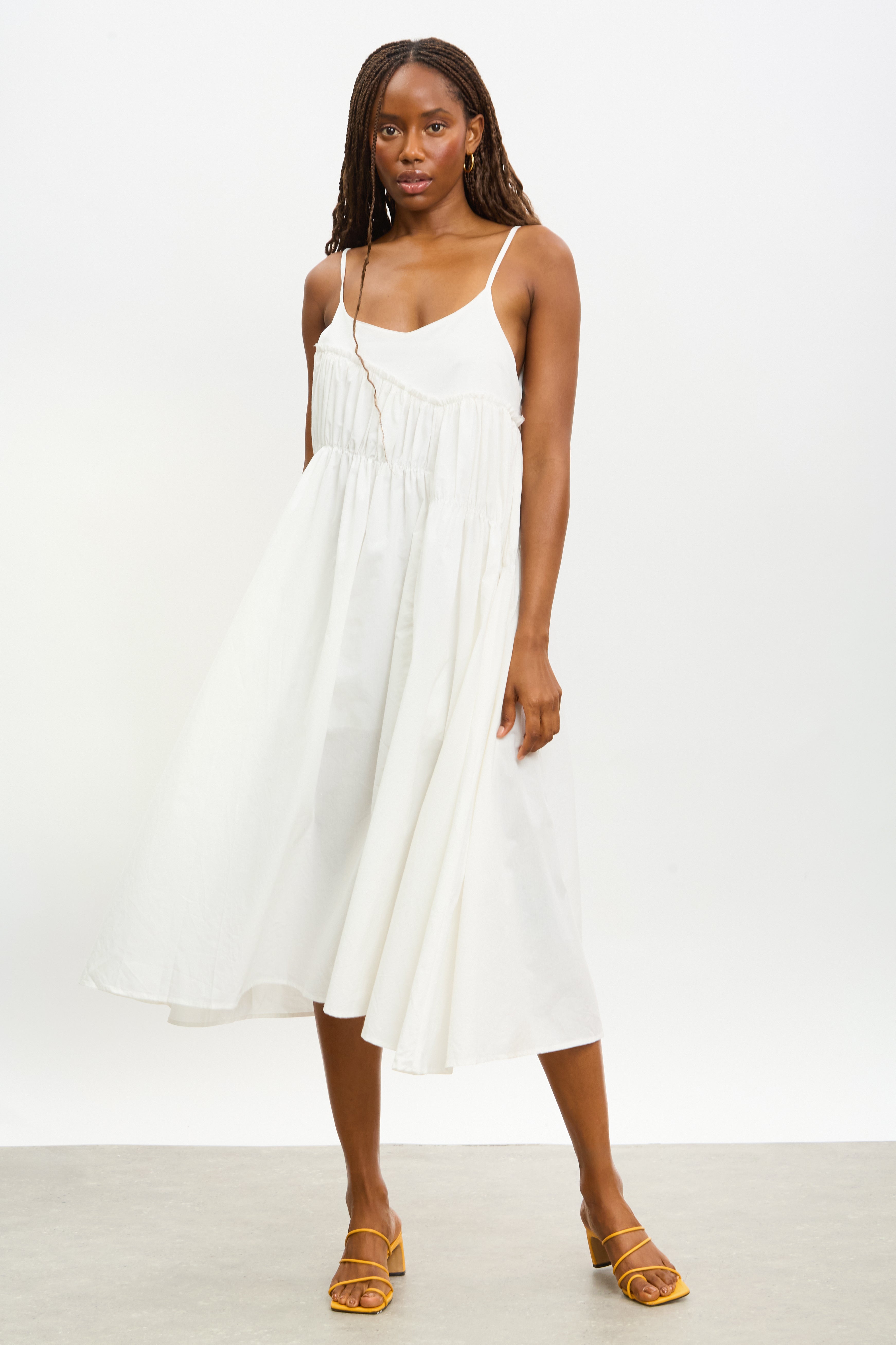 White asymmetric ruched bodice dress_1