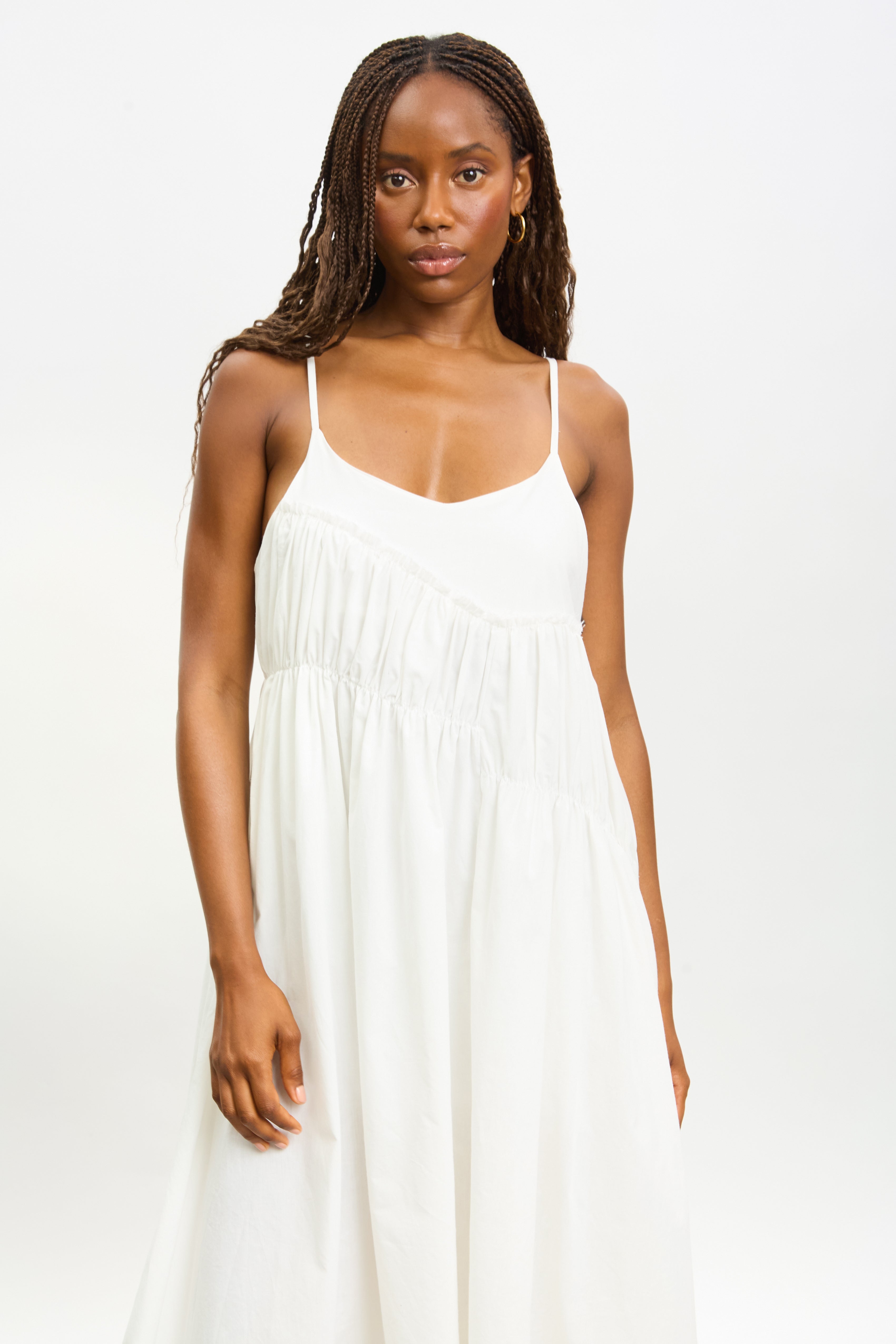 White asymmetric ruched bodice dress_3