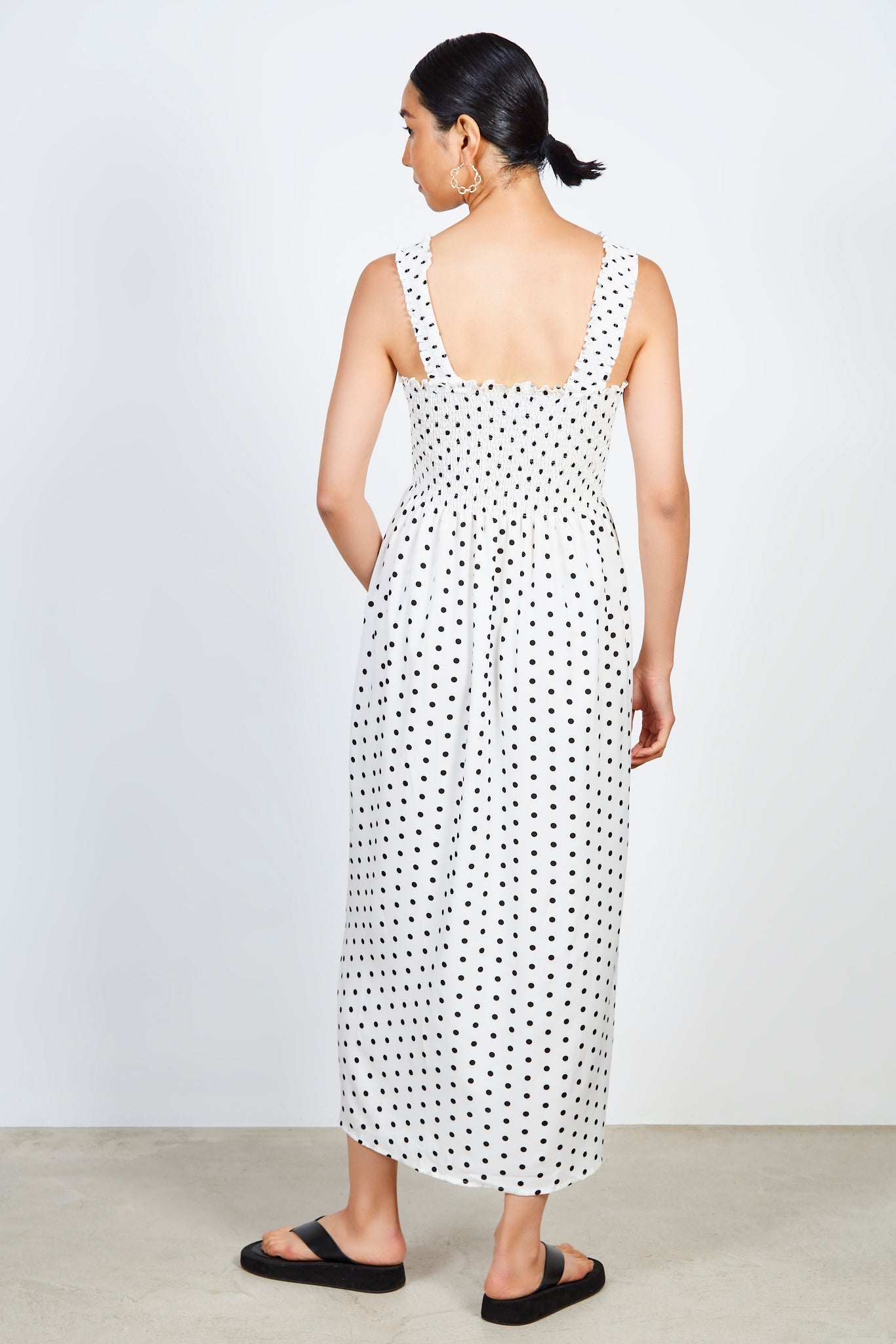 White and black polka dot ruched bodice dress_2