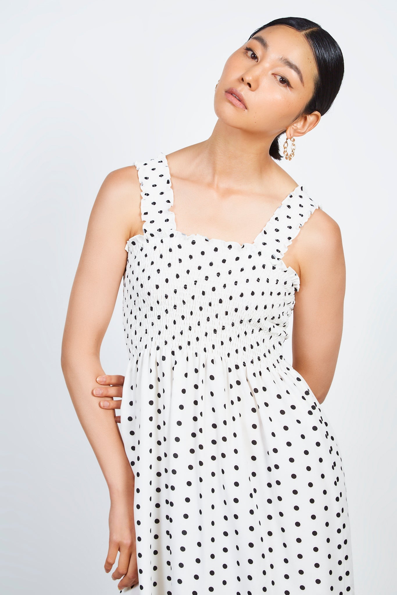 White and black polka dot ruched bodice dress_3