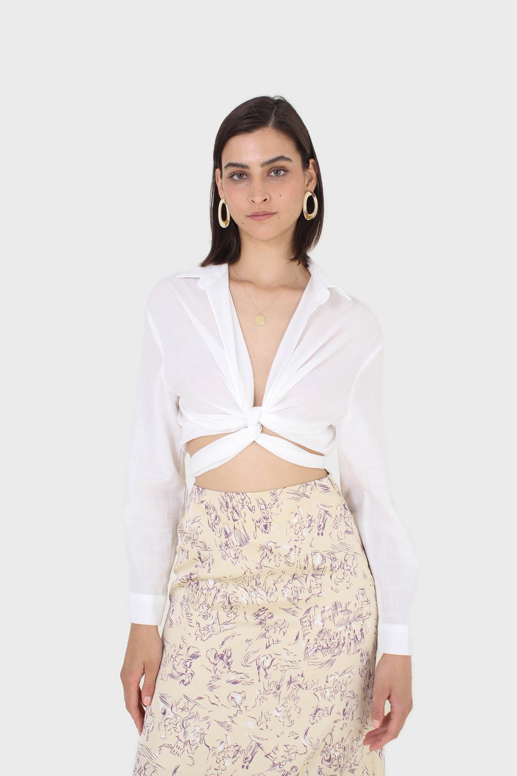 White linen plunging tie front shirt_6