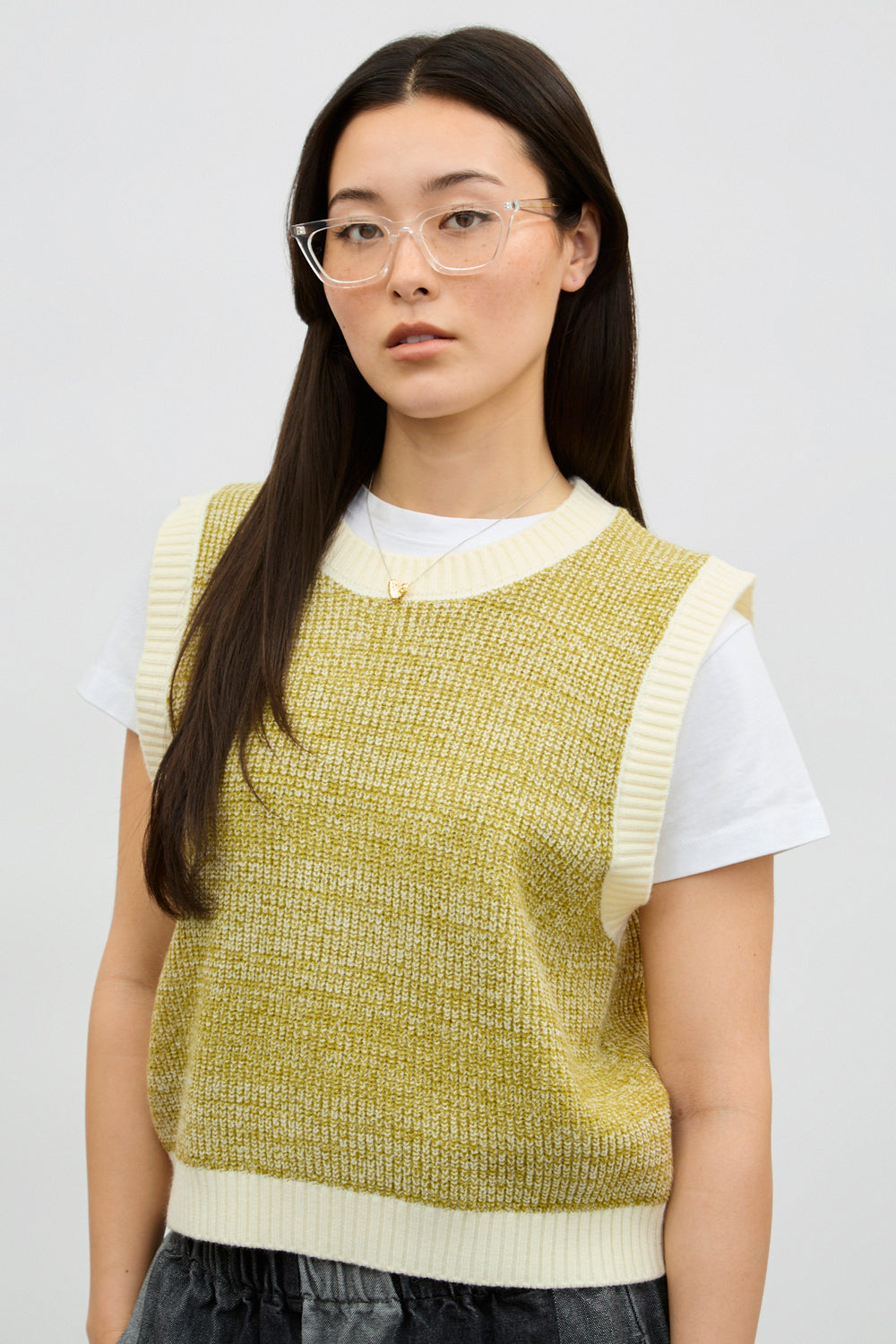 Yellow green and ivory mix knit sweater vest_1