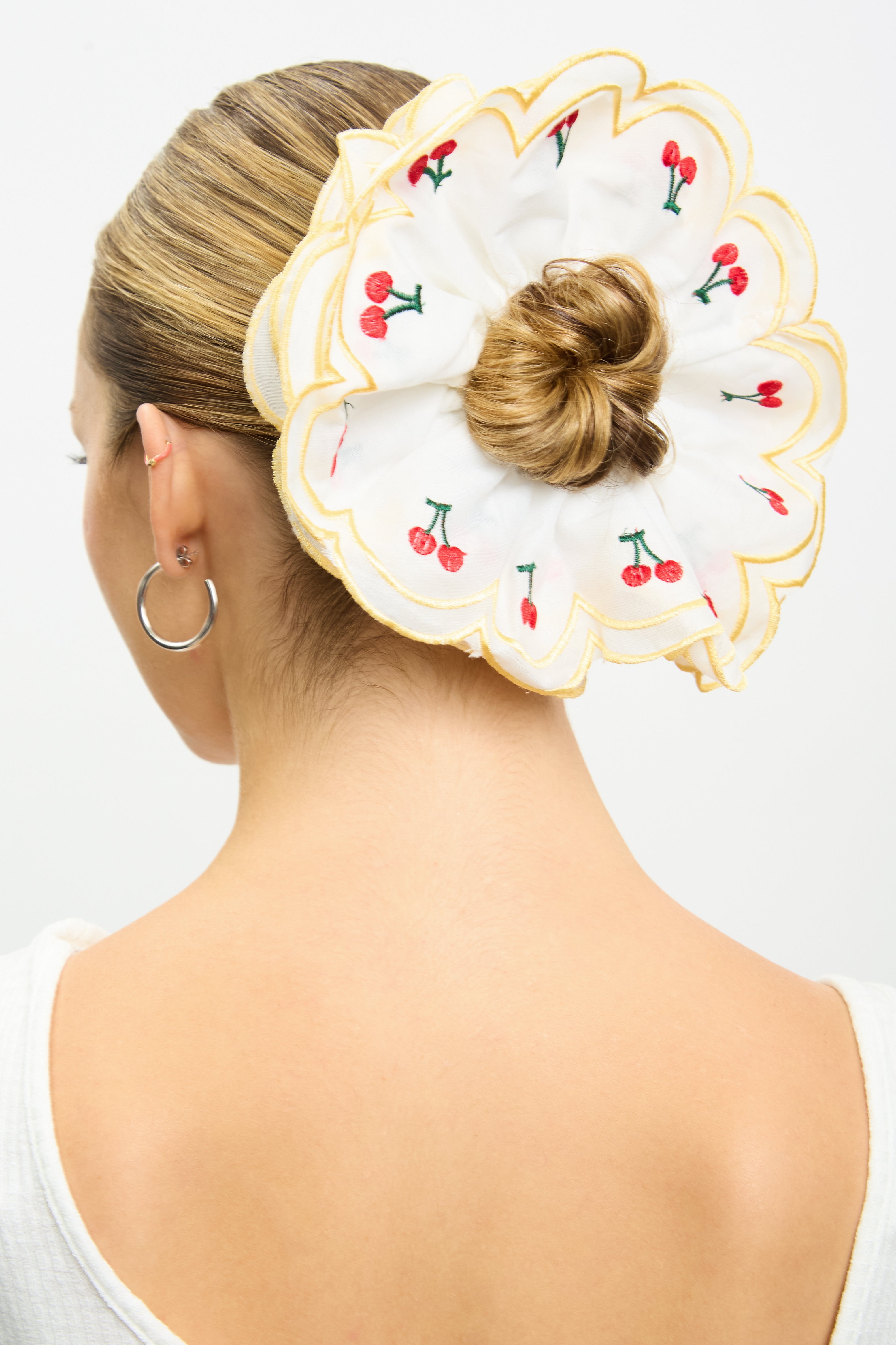 Yellow scalloped edge embroidered cherry scrunchie_3