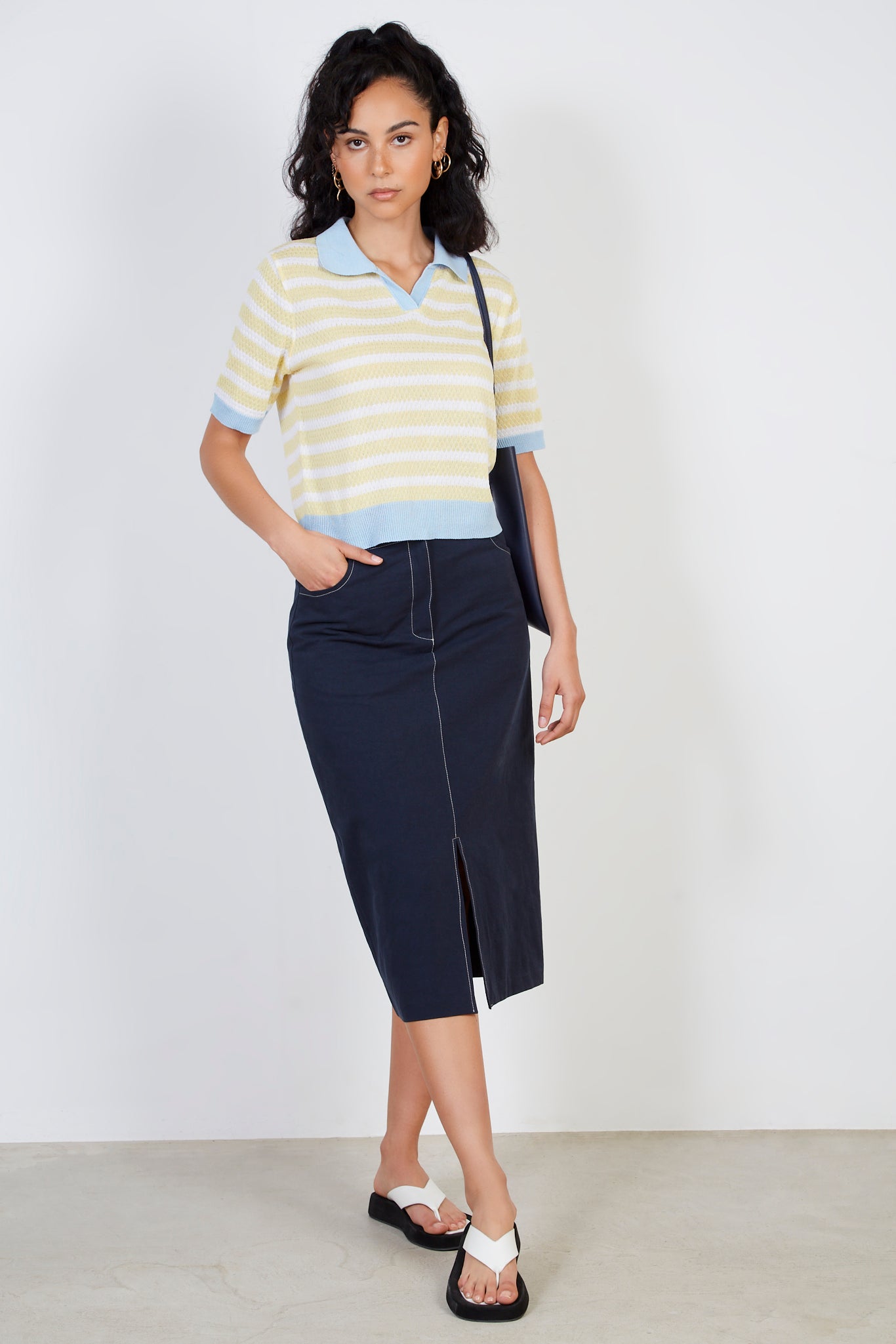 Yellow striped light blue collar knit tee_3
