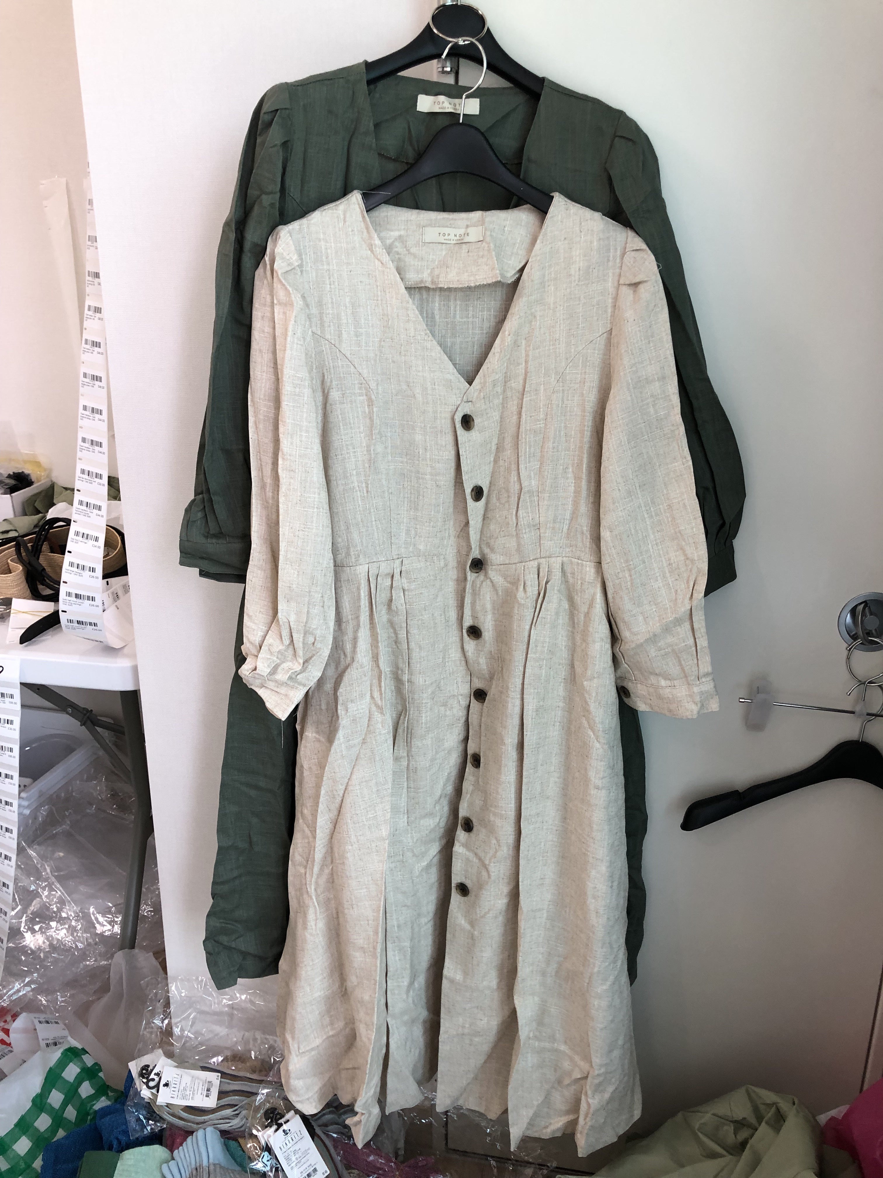 Oatmeal V-neck button front belted linen dress_1
