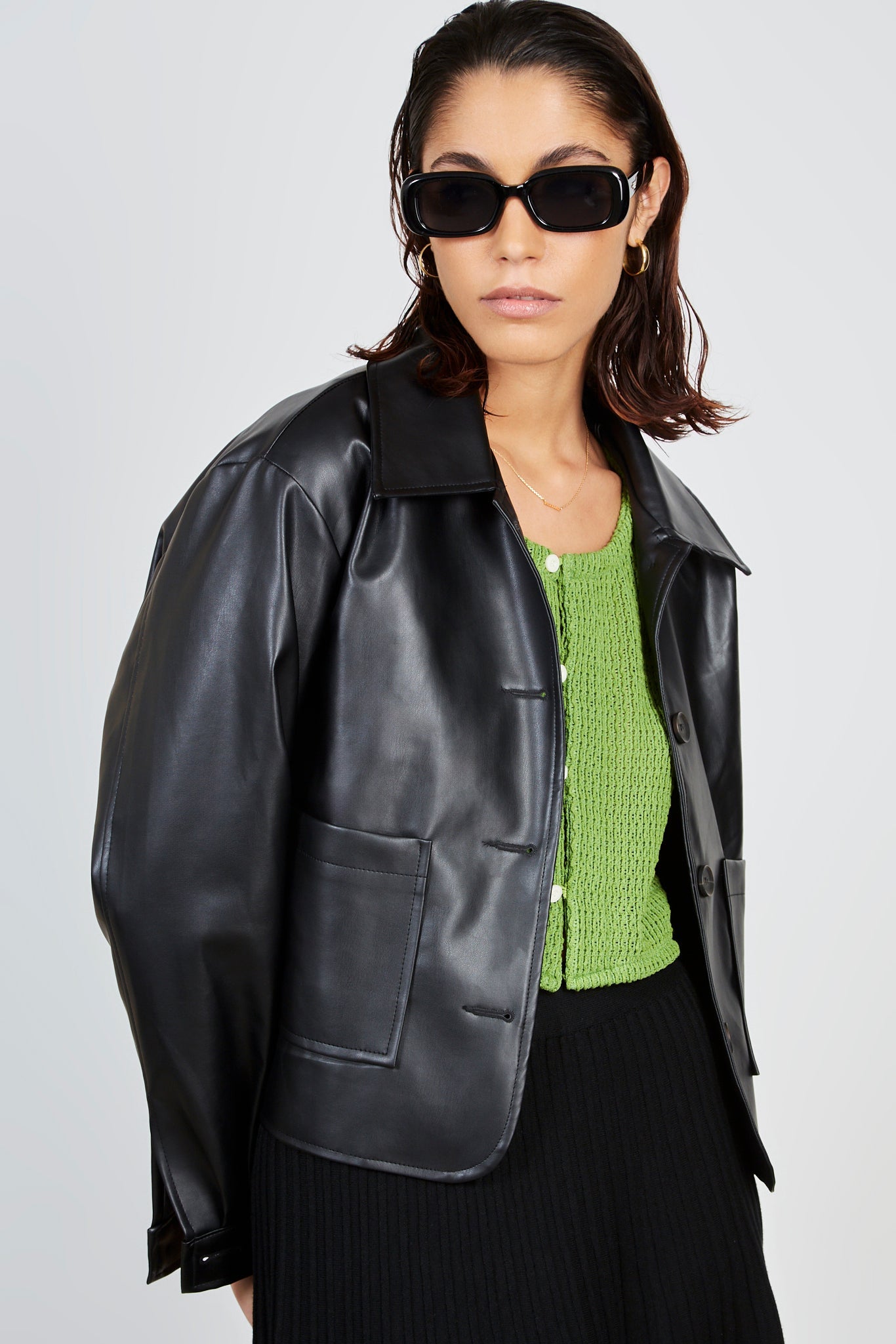 Black vegan leather button up jacket_1