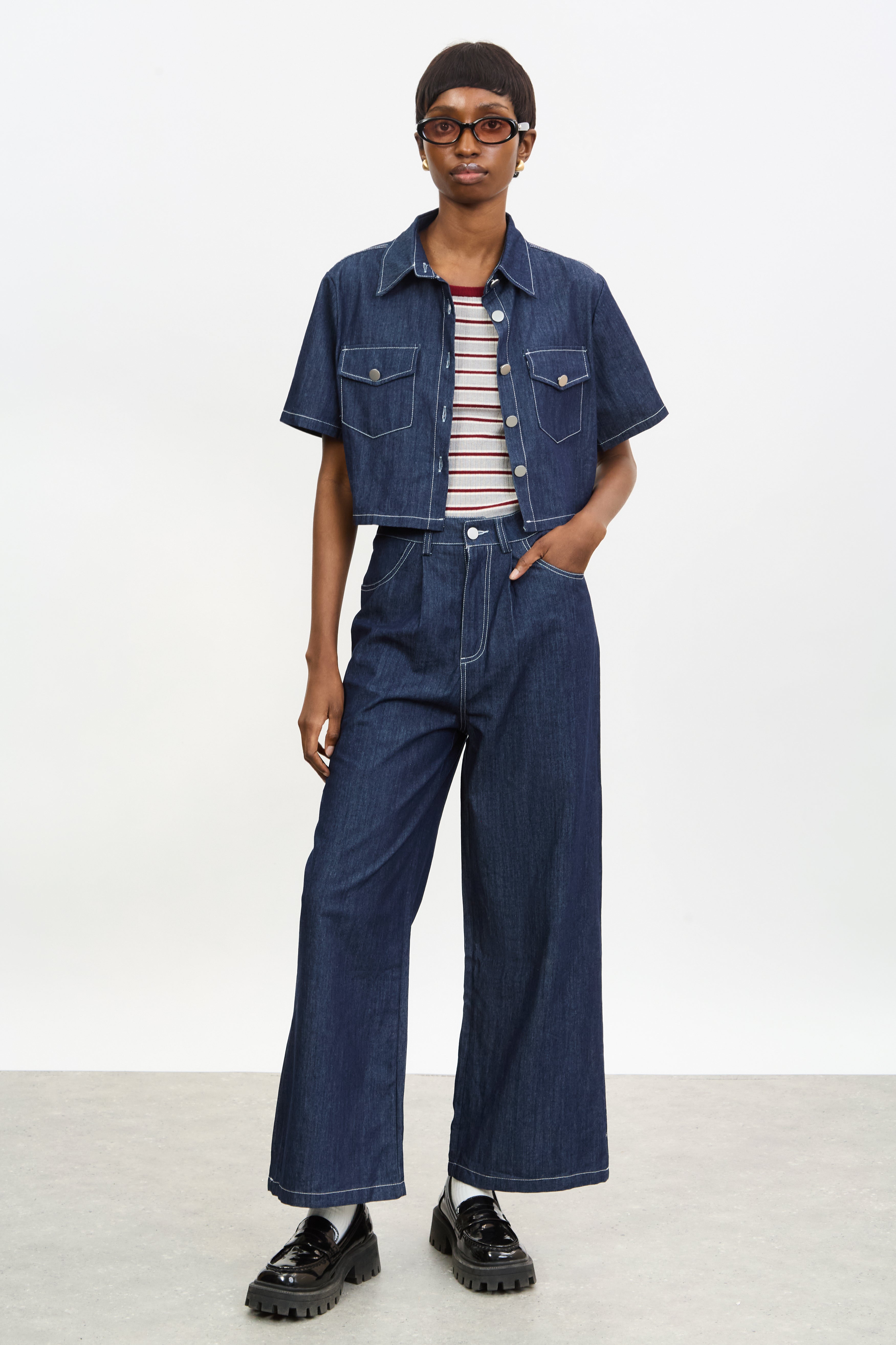 Blue denim contrast stitch wide leg jeans_4