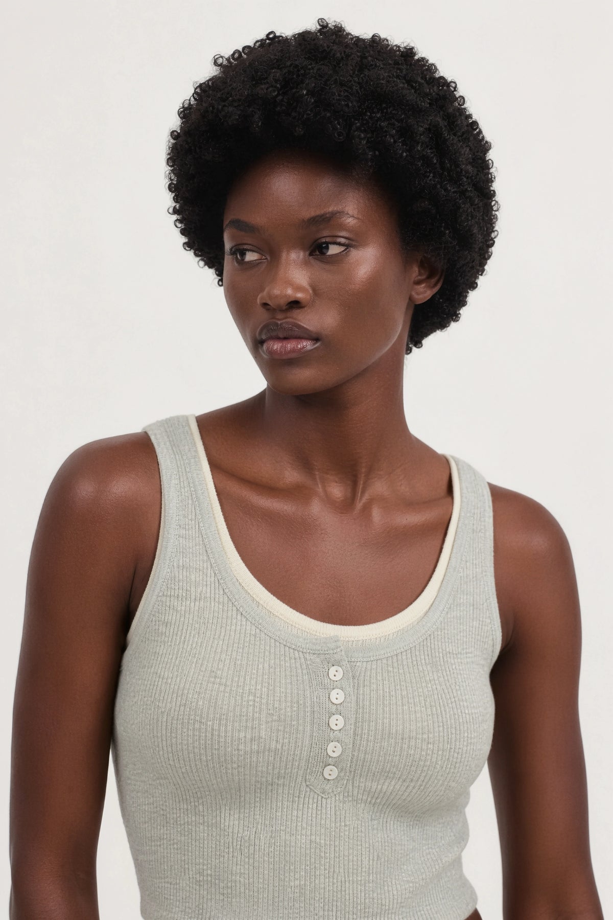Light grey and ivory double layer button front knit tank_3