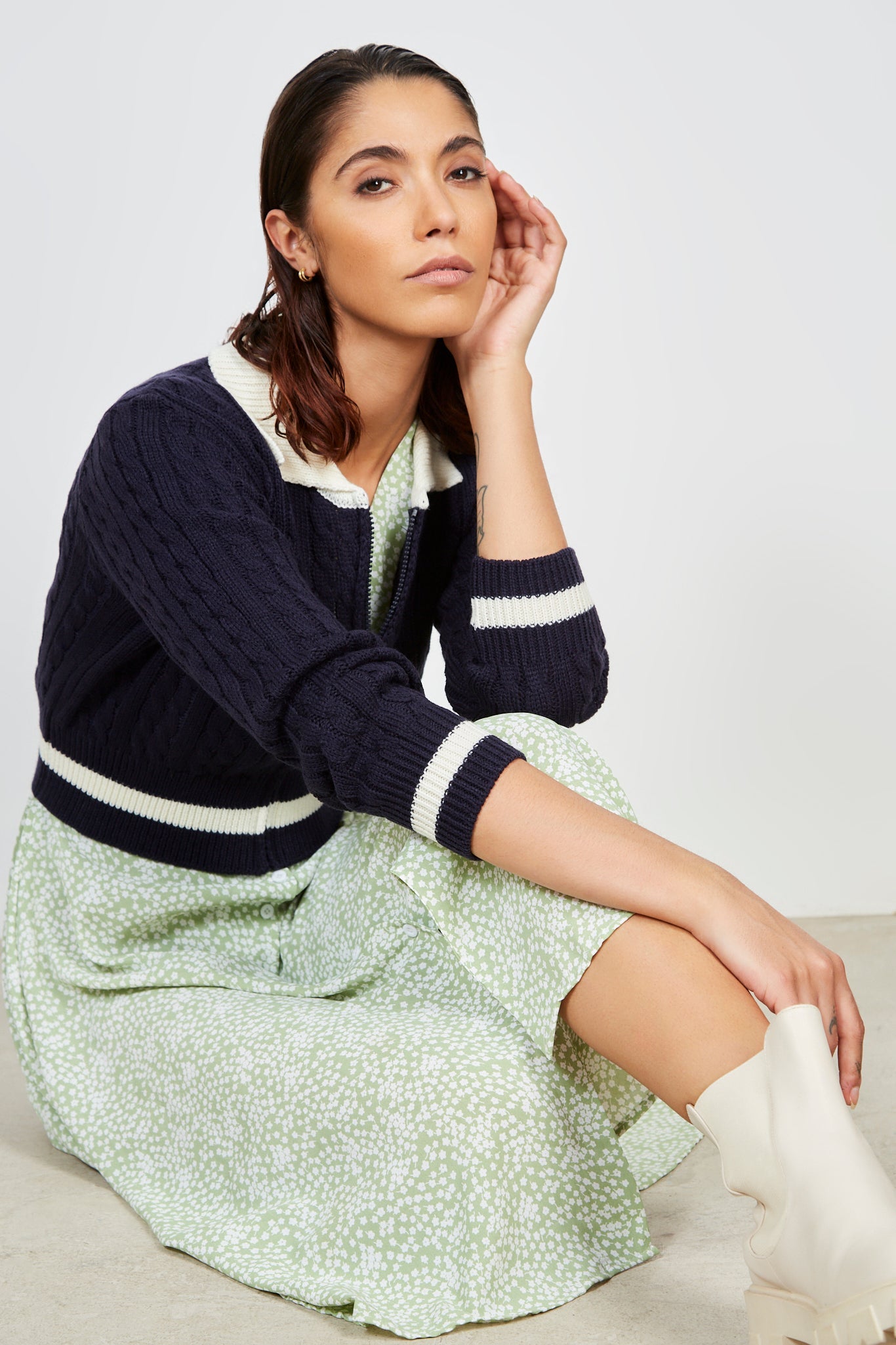 Navy and ivory contrast collar zip cardigan_1