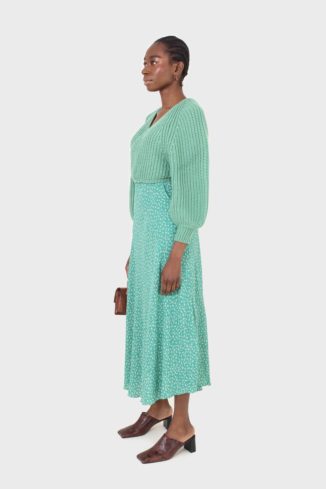 Green tiny floral print midi skirt_4