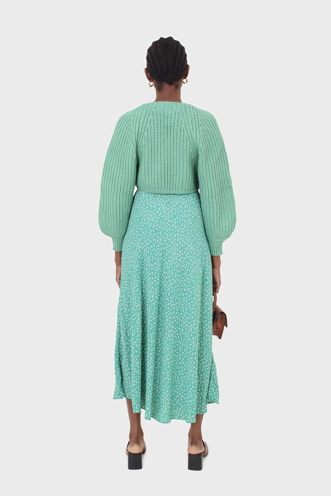 Green tiny floral print midi skirt_5