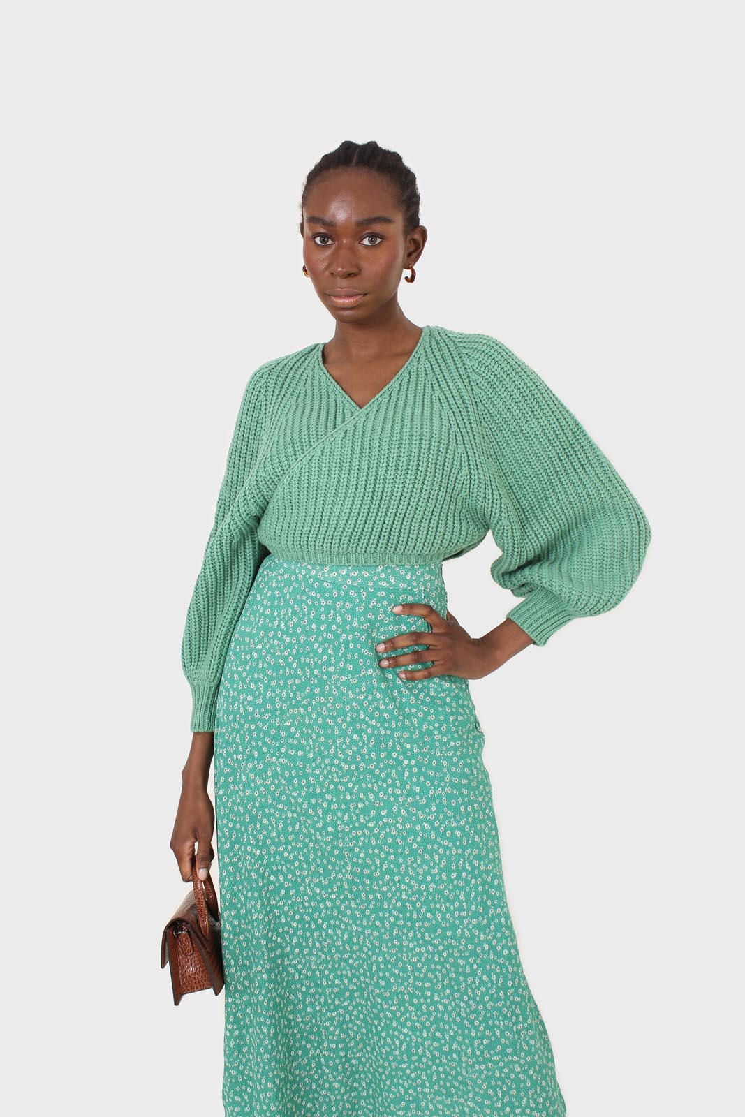 Green tiny floral print midi skirt_6