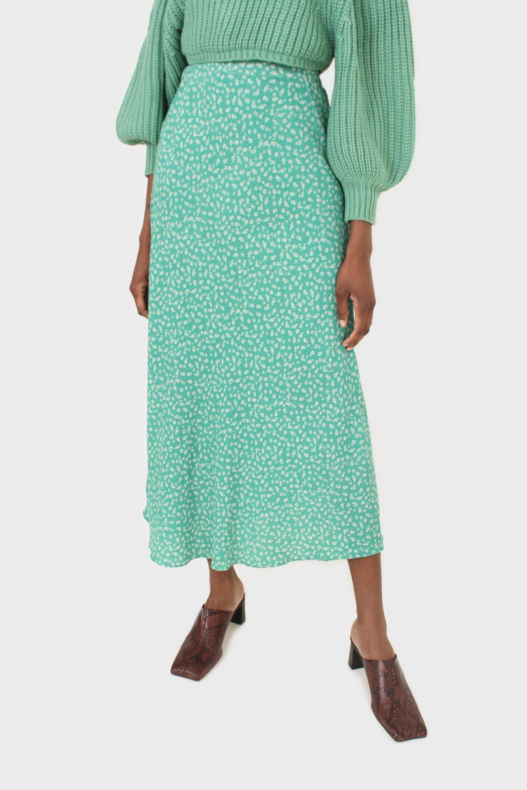 Green tiny floral print midi skirt_2