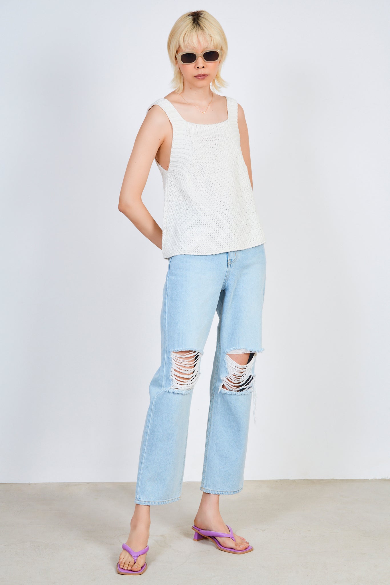 White woven knit thick strap long tank_3