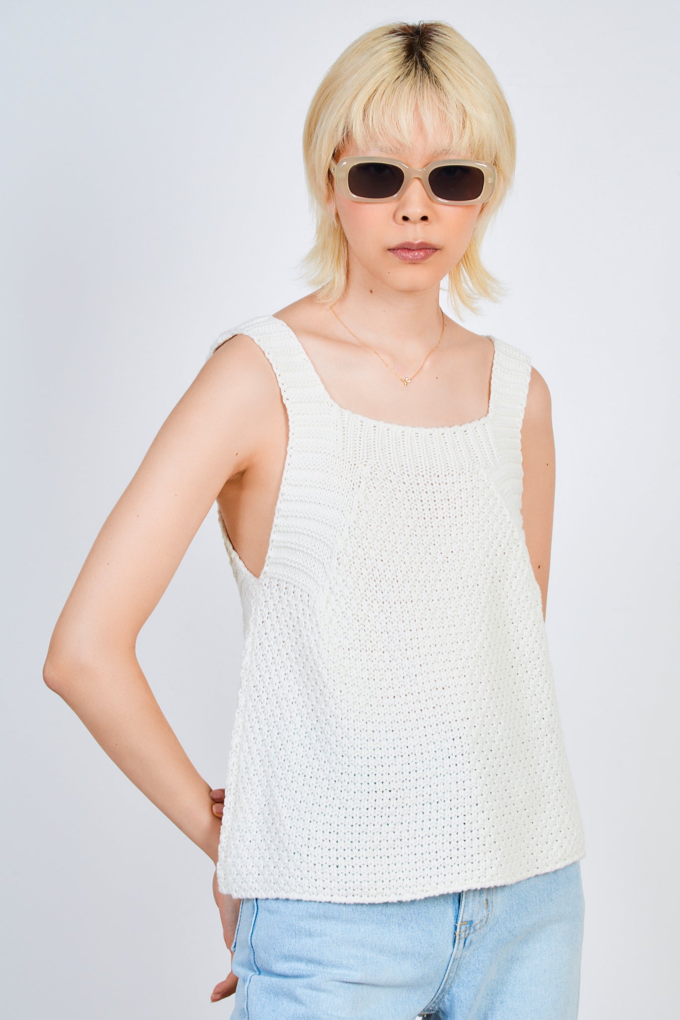 White woven knit thick strap long tank_1
