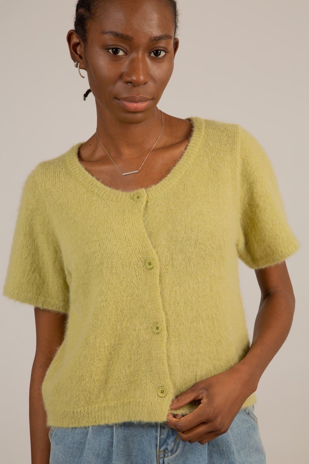 Green alpaca blend short sleeved cardigan_5