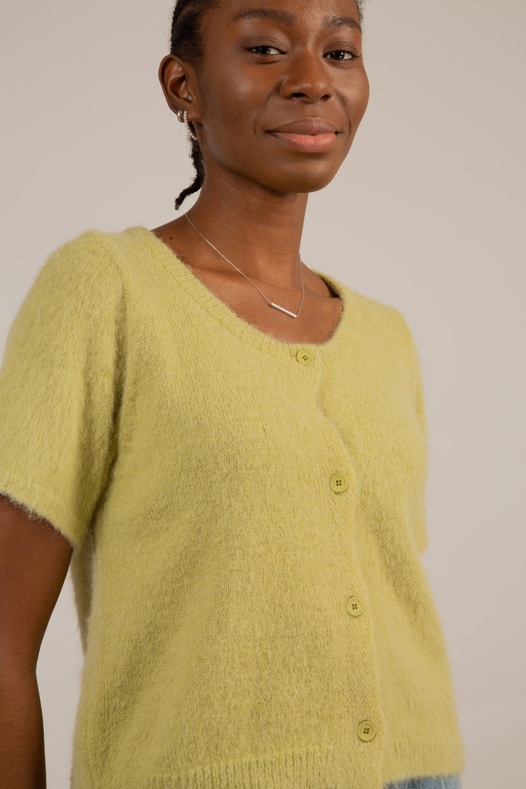 Green alpaca blend short sleeved cardigan_4