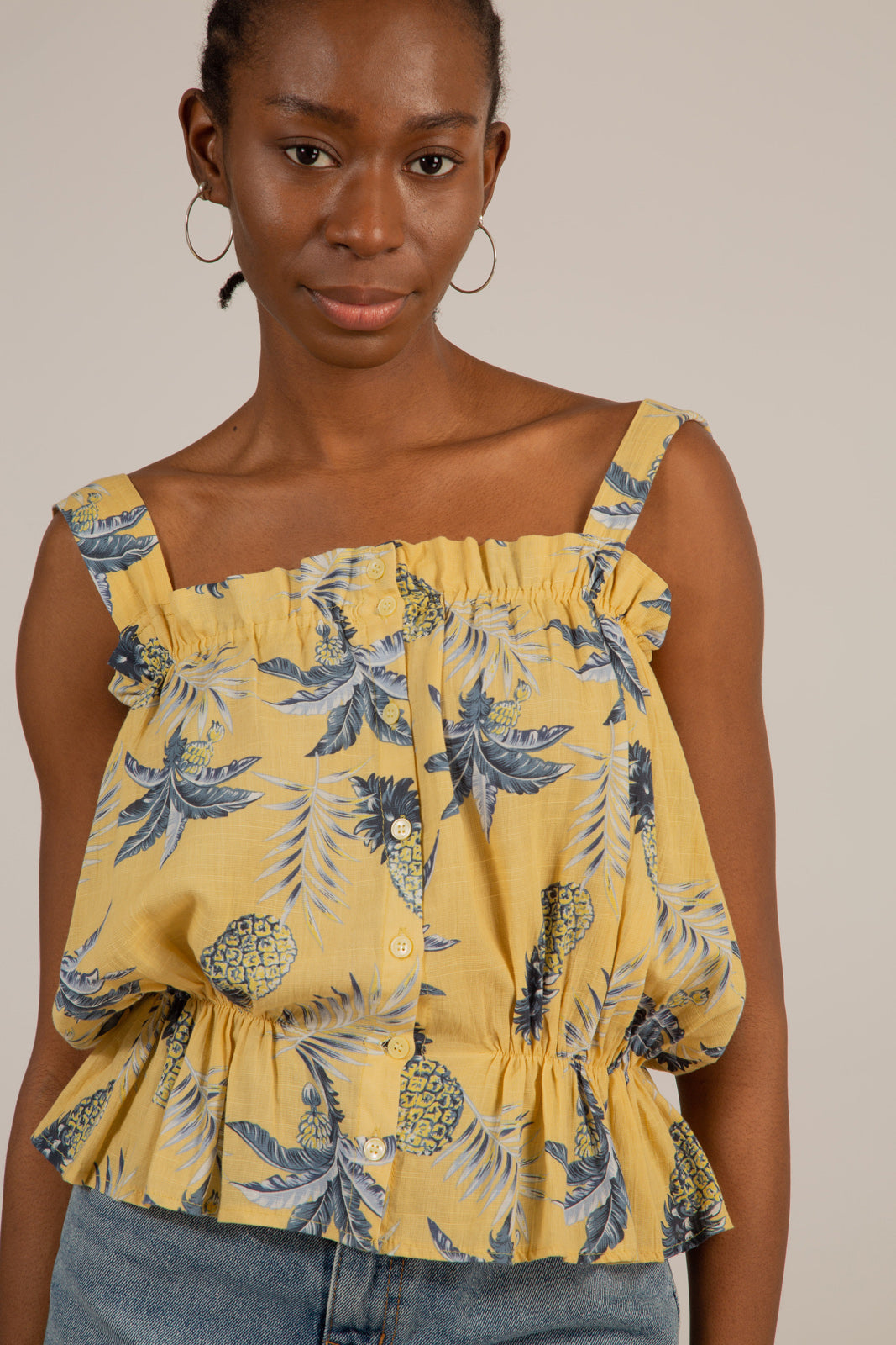 Mustard pineapple print button front tank_2