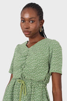 Green and white floral print tie waist romper_8