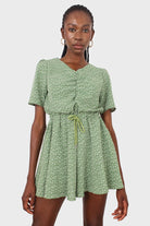 Green and white floral print tie waist romper_12