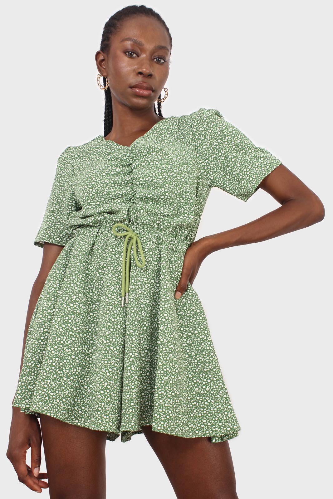 Green and white floral print tie waist romper_1