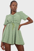 Green and white floral print tie waist romper_1