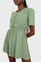 Green and white floral print tie waist romper_3