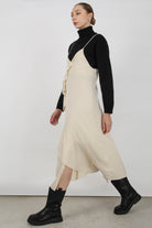 Beige thin strap asymmetric ruffle midi slip dress_12