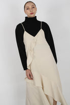 Beige thin strap asymmetric ruffle midi slip dress_8