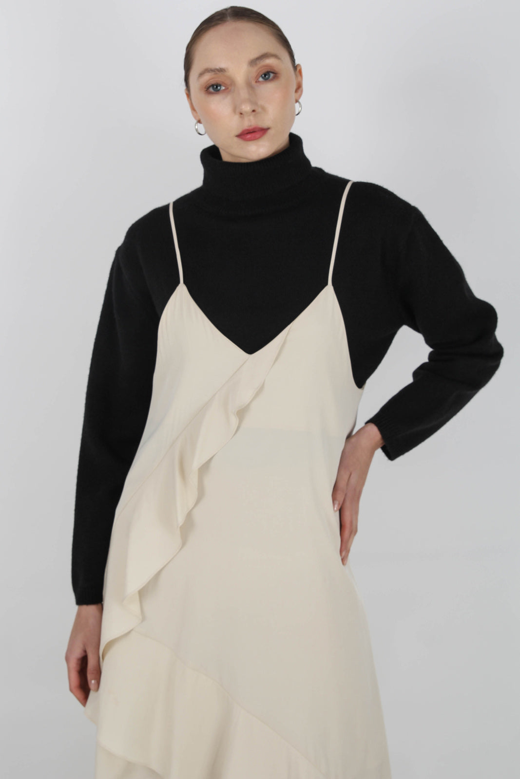 Beige thin strap asymmetric ruffle midi slip dress_13